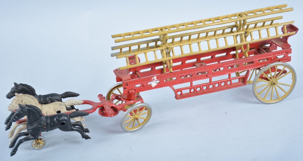 Hublet Cast Iron Horse Drawn Fire Ladder Wagon: Very impressive piece. Has been professionally restored. Ladders are replacements. Excellent