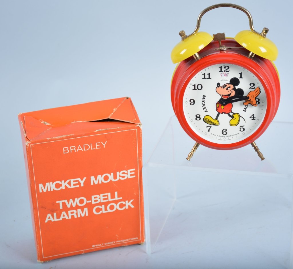 Bradley MICKEY MOUSE Two-Bell Alarm Clock w/Box: New Old Stock with great image of Mickey. With Box. Near Mint