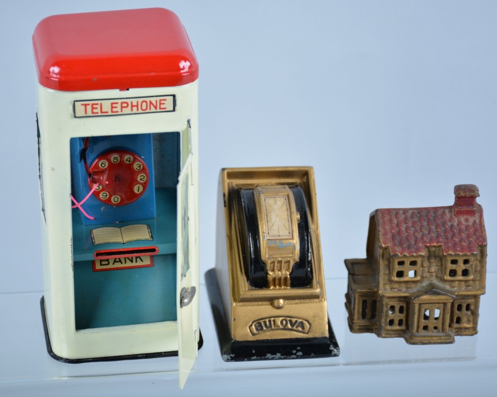 Lot of 3 Vintage BANKS: Includes beautiful Cottage Still Bank, Bulova Watch Still Bank, and Japan Tin Telephone Booth Bank. Excellent
