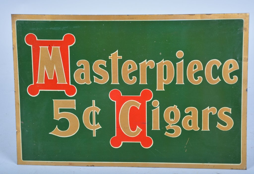 MASTERPIECE 5-cent CIGARS TIN SIGN: Beautiful sing with nice colors. 13"x9". Excellent