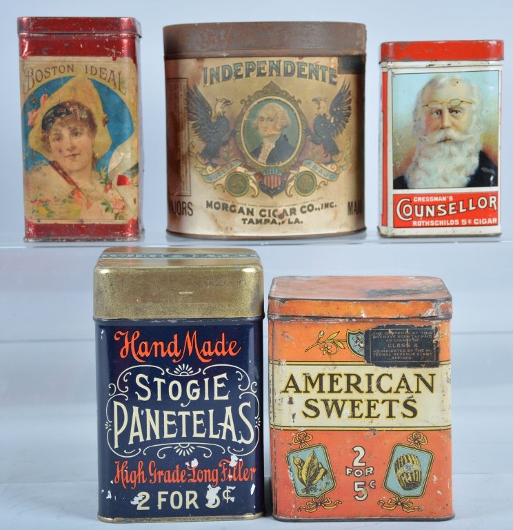 Lot of 5 CIGAR TINS: Includes American Sweets, Perfect Blend, Boston Ideal, Consellor, and Independente. Great graphics. Very Good-Excellent