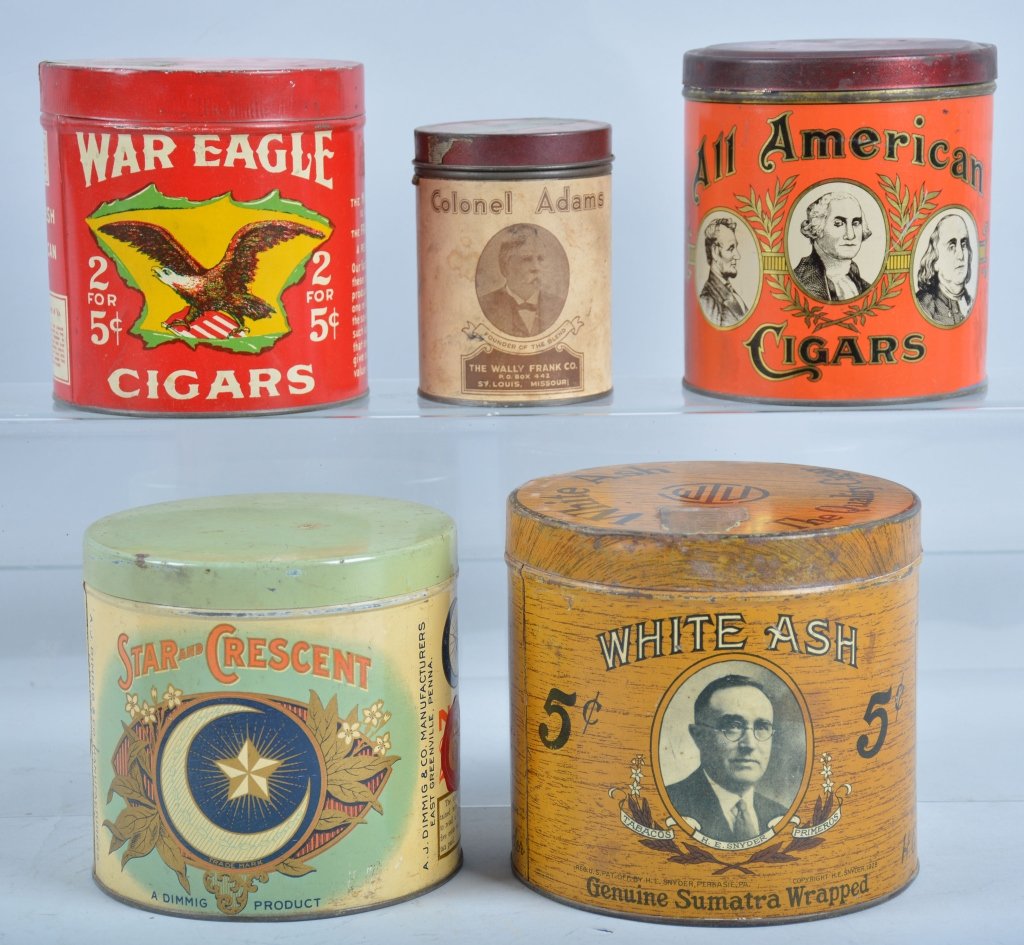 Lot of 5 CIGAR TINS: Includes White Ash, Star and Creasent, Colonel Adams, American, and War Eagle. Nice color and graphics. Excellent