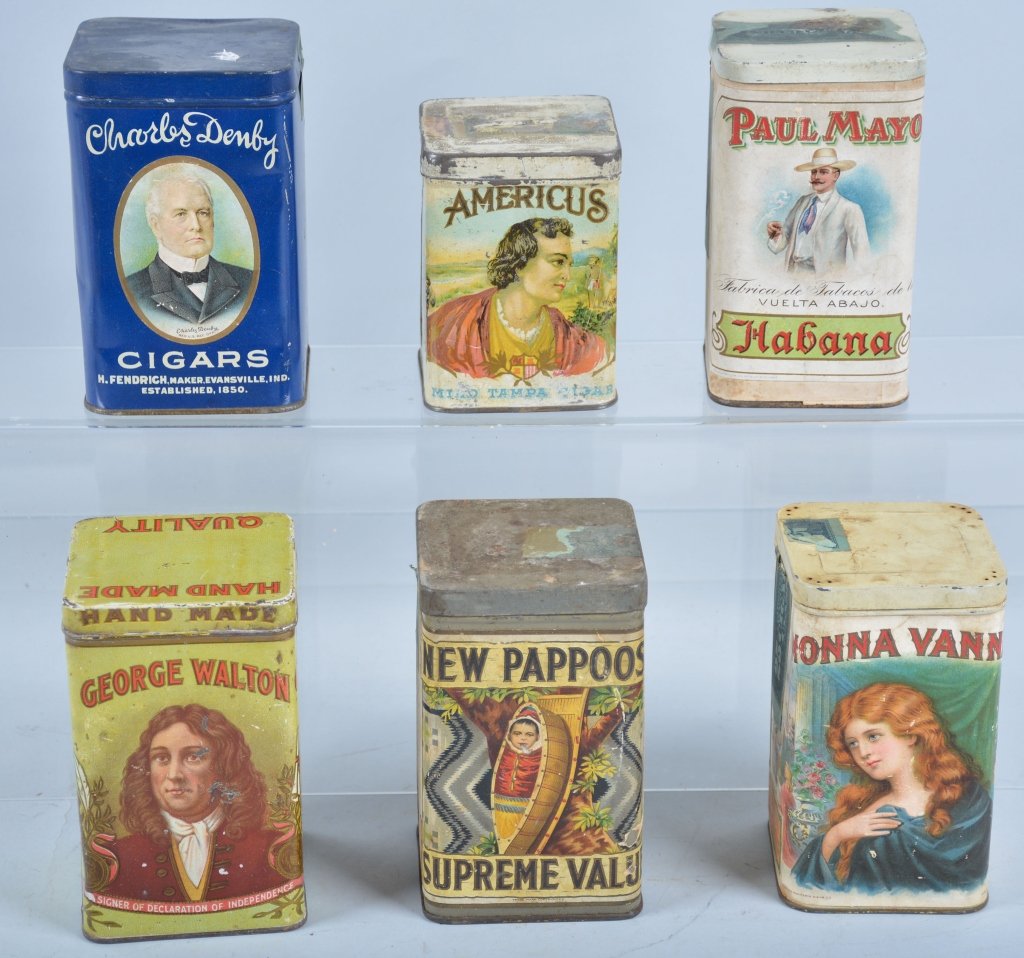 Lot of 6 CIGAR TINS: Includes Charles Denby, Georghe Walton, Paer lable Paul Mayo, Americus, Paper lable New Pappoos, and Paper lable Monna Vanna. Beautiful selection of tins. Great color and graphics. Excellent