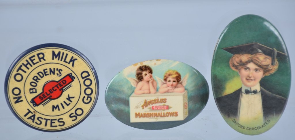 Lot of 3 Celluloid Advertising Pocket Mirrors: Includes Angelus Marshmallows, Oxford Chocolates, and Borden Milk with crack. Very Good-Excellent