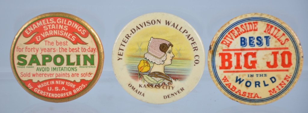 Lot of 3 Celluloid Advertising Pocket Mirrors: Includes Yetter-Davidson Wall Paper, Sapolin Paint, and Big Jo. Very Good-Excellent