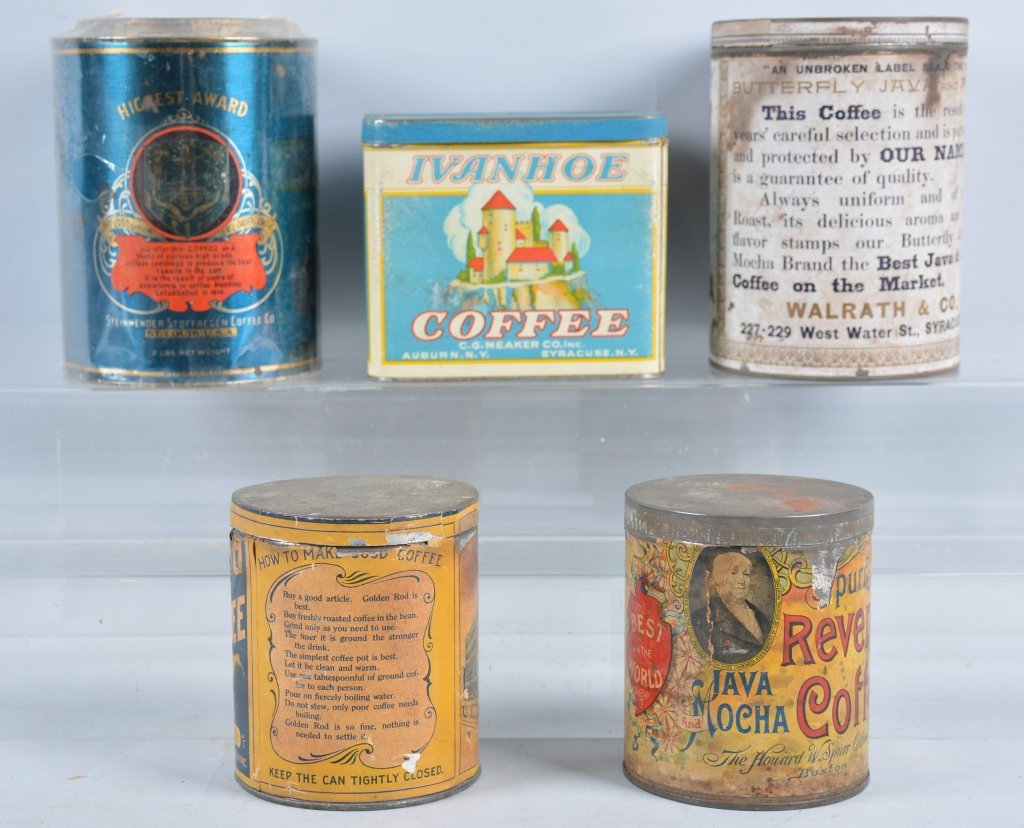 Lot of 5 COFFEE TINS: Includes Ivanhoe, Butterfly, Golden Rod, Yale, and Revere. Nice color and graphics. Very Good