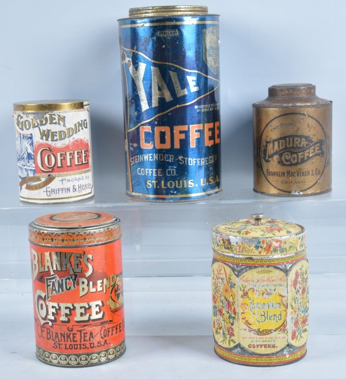 Lot of 5 COFFEE TINS: Includes Yale, Madura, Blankes Fancy, Golden Wedding, and Coronation Blend. Nice color and graphics. Very Good