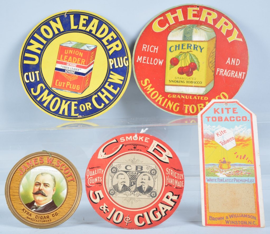 Lot of 5 Cigar and Tobacco Advertisments: Includes Kite Tobacco, James W Scott Cigar, CB Cigars, Cherry Tobacco, and Union Leader Tobacco. All cardboard pulls. Excellent