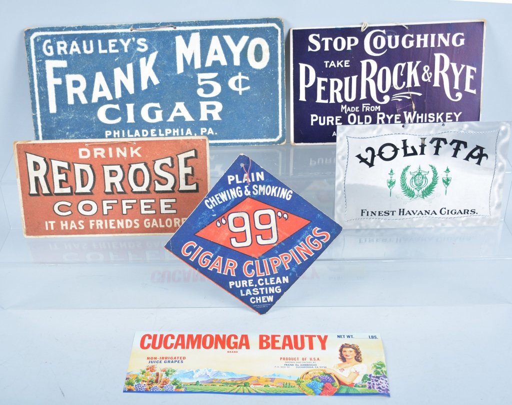 Lot of 5 Advertising Items: Includes Cucamonga Beauty Lable, Red Rose Coffee Cardboard Sign, Vollitta Cigars Tin Sign, Peru Rock & Rye Cardboard Sign, 99 Cigar Cardboard Pull, and Frank Mayo Cigar Cardboard Sign. Very Good-Excel
