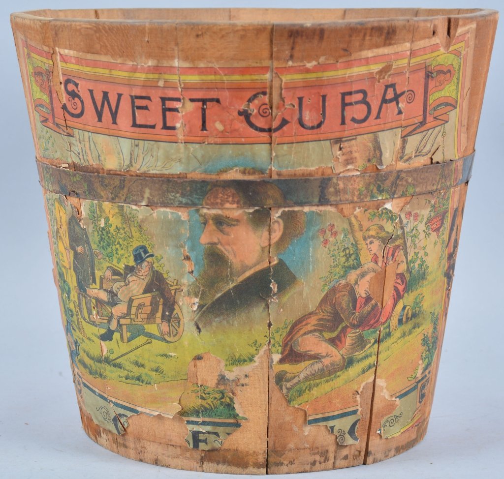 SWEET CUBA TOBACCO Wooden Cask with Paper Lable: Great early piece with paper lable. Nice color and graphics. Has tax stamps on back. Very Good