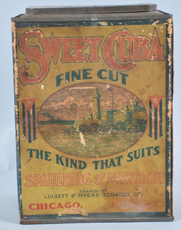 SWEET CUBA TOBACCO Tin with Paper Lable: Nice early tin with lighthouse graphics. Very Good
