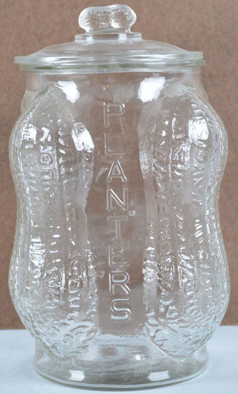 PLANTERS PEANUT STORE DISPLAY JAR: Excellent jar with embossed peanuts. Very minor chip at lid. Excellent