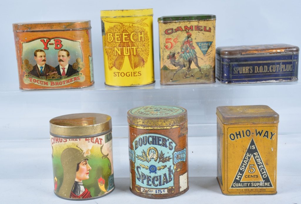 Lot of 7 CIGAR TINS: Excellent group includes Beech Cut, Boughers Special, Yocum Brothers, Ohio-Way, Camel, and Spurrs paper lable. Great color and graphics. Excellent