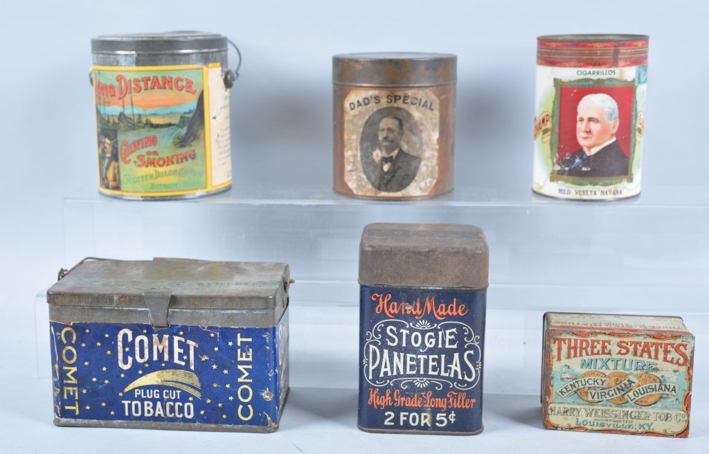 Lot of 6 CIGAR TINS: Nice group includes Comet paper lable, Long Distance paper lable, Champ Clark paper lable, Dads Special, Stogies Panetelas, and Three States. Nice colors and graphics. Excellent