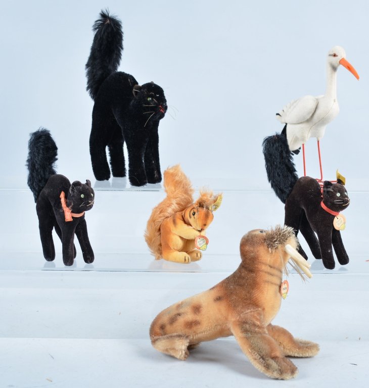 Lot of 6 STEIFF ANIMALS: Includes 2 small black cats, meduim black cat, stork, walrus, and squirrel. With buttons and tags. Excellent