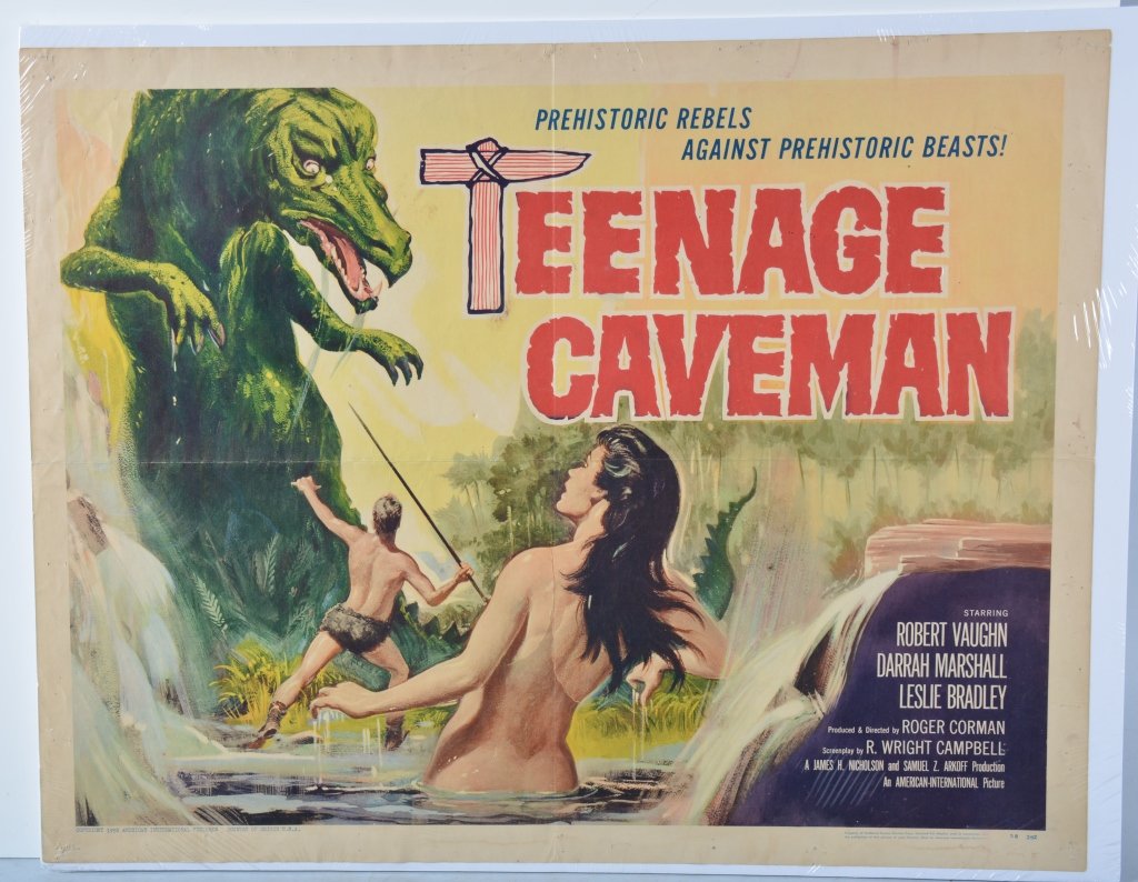 TEENAGE CAVEMAN Half Sheet Movie Poster 1958: Original half sheet poster. Stars include Robert Vaughn, Darrah Marshall, and Leslie Bradley. Great looking poster with excellent colors and graphics. Has been folded. 28"x22" Very Good-Excellent