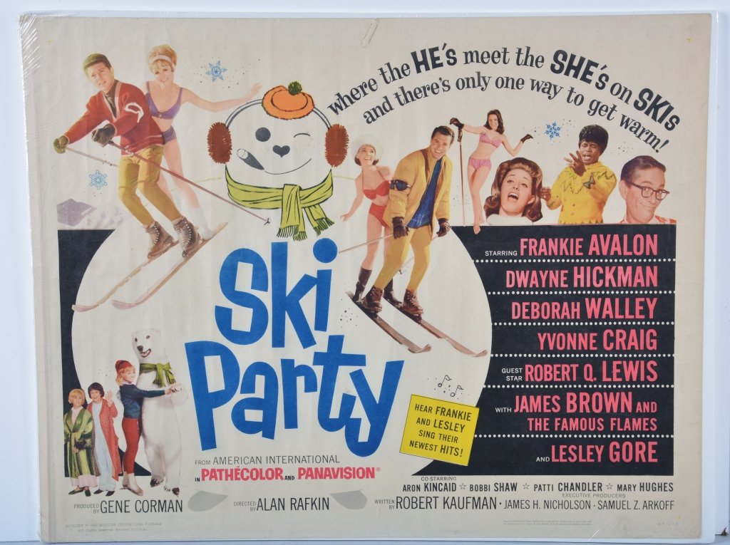 SKI PARTY Half Sheet Movie Poster 1965: Original half sheet poster. Stars include Frankie Avalon, Dwyane Hickman, Robert Lewis, Deborah Wally, and James Brown. Nice colors and graphics. 28"x22" Excellent