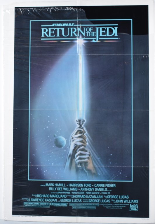 STAR WARS RETURN OF THE JEDI Full Sheet Movie Post: Original full sheet movie poster. Stars include Mark Hamill, Harrison Ford, and Carrie Fisher. Classic movie poster. Has been folded. 40"x27" Excellent