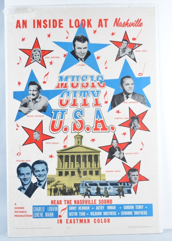 1966 NASHVILLE MUSIC CITY USA Concert Movie Poster: Very nice full sheet poster featuring some of the biggest names in country music in the 1960s. Stars include Loretta Lynn, T Tommy, Jean Shepard, Webb Pierce, and more. Has been folded. 40"x27". Very