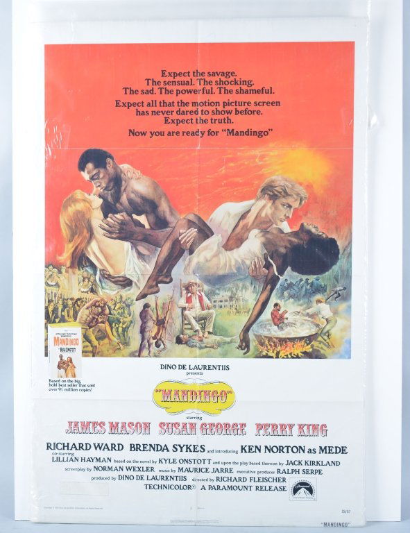 MANDINGO Full Sheet Movie Poster 1975: Original full sheet poster. Stars include James Mason, Susan George, and Perry King. Has been folded. 41"x27" Excellent