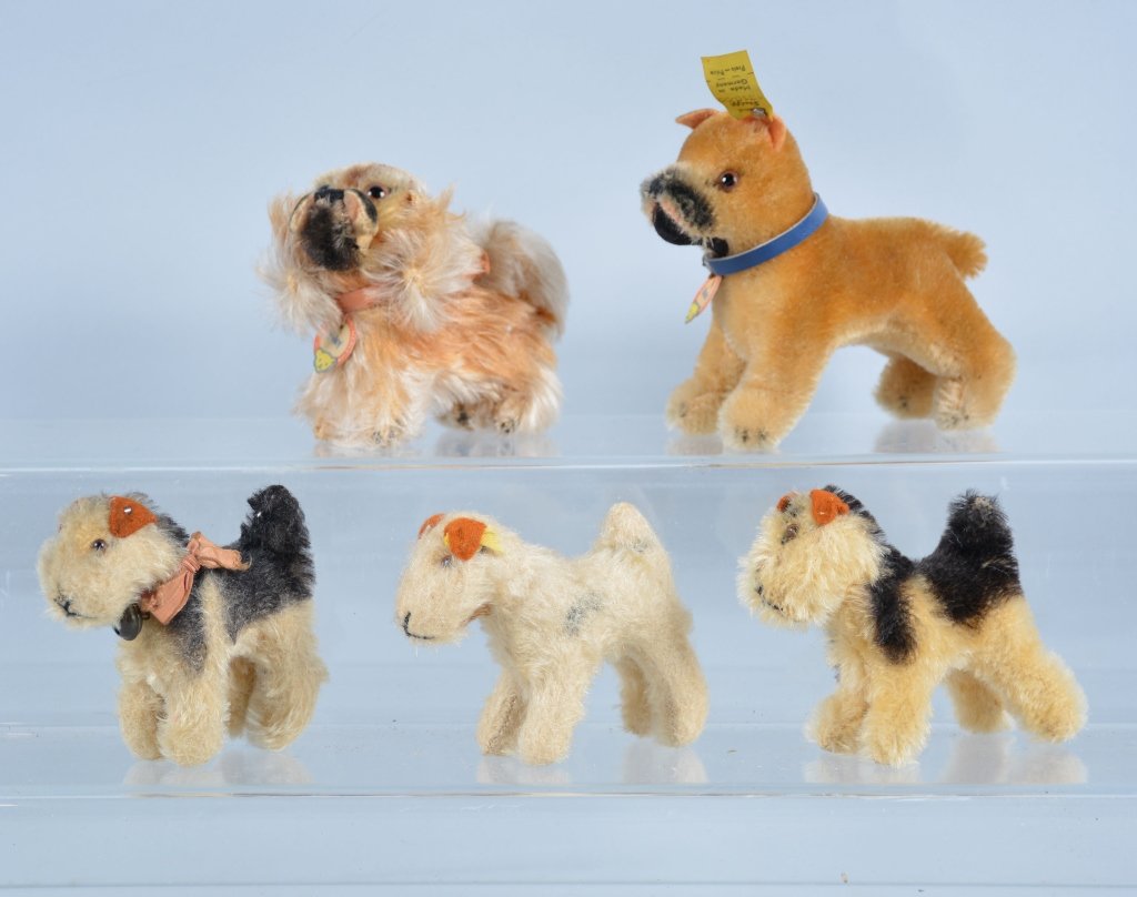 Lot of 5 STEIFF DOGS: Includes 5" Boxer, 4" Peky, and 3 3" Airdale Terriers. With buttons and some tags. Excellent