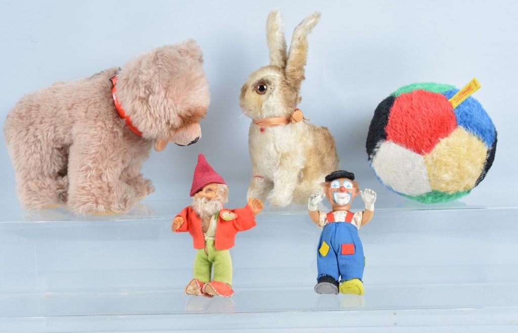 Lot of 5 STEIFF: Nice early buttons. 10" Stading Bear, 8" Sitting Rabbit, 5" Clown, 5" Gnome, 6" Ball. Very Good-Excellent