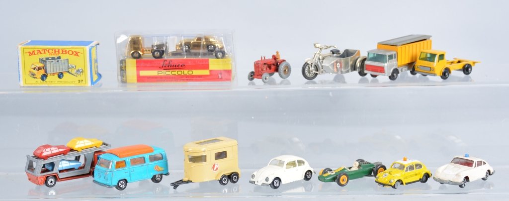 Lot of Vintage Diecast Vehicles MATCHBOX SCHUCO: Nice lot includes Matchbox Sunbeam Motorcycle, Indy Racer, Volkswagon Camper, Volswagon 1500, and others. Plus Schuco Piccolo Mercedes Flatbed Truck in box. Plus more cars. Excellent