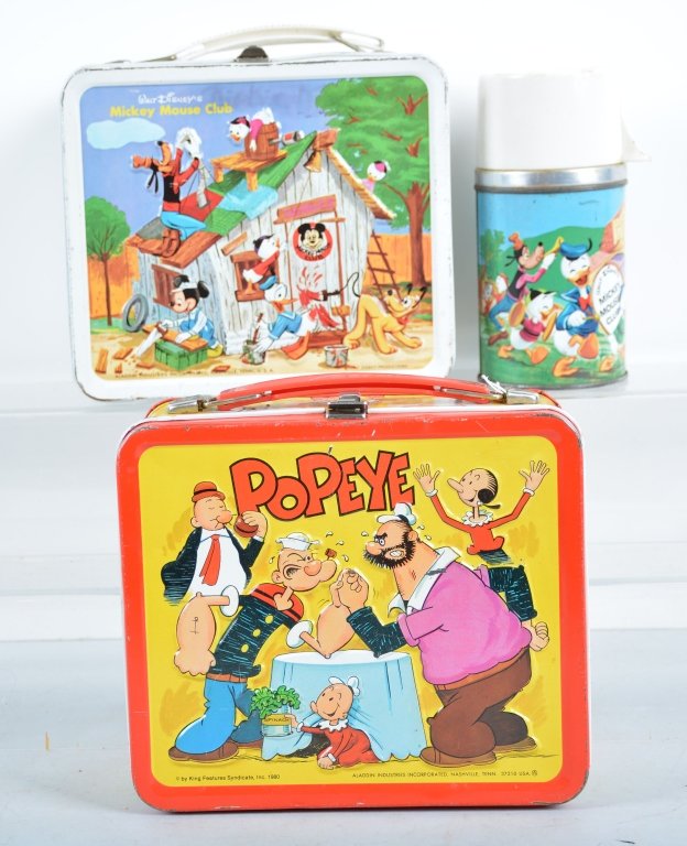Lot of 2 Lunch Boxes POPEYE and MICKEY MOUSE CLUB: Includes Popeye and Mickey Mouse Club with Thermos. Excellent