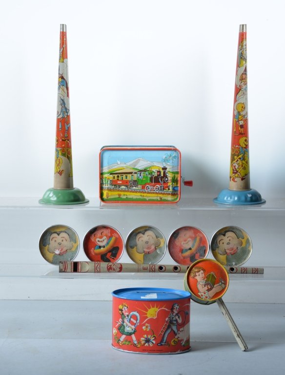Lot of 11 German Toys: Includes 2 Halloween noise makers, Tin Bank, Tin Train Music Box, and dexterity toys. Excellent
