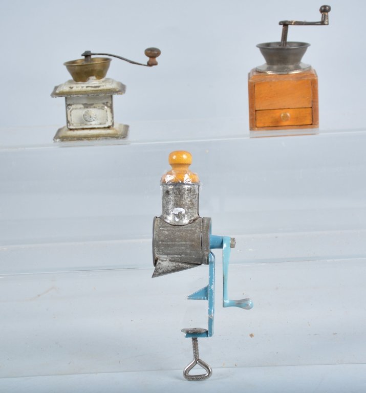 Lot of 3 Early German Kitchen Toys: Includes 2 Coffee Grinders and Meat Grinder. Excellent