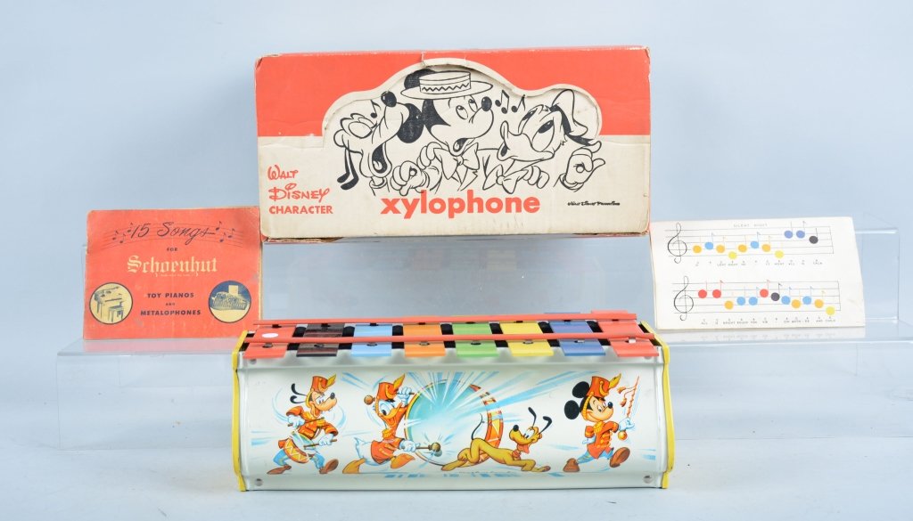 Tudor MICKEY MOUSE XYLPHONE w/Box: Very colorful tin xylophone with great graphics of Disney characters. With Box. Excellent
