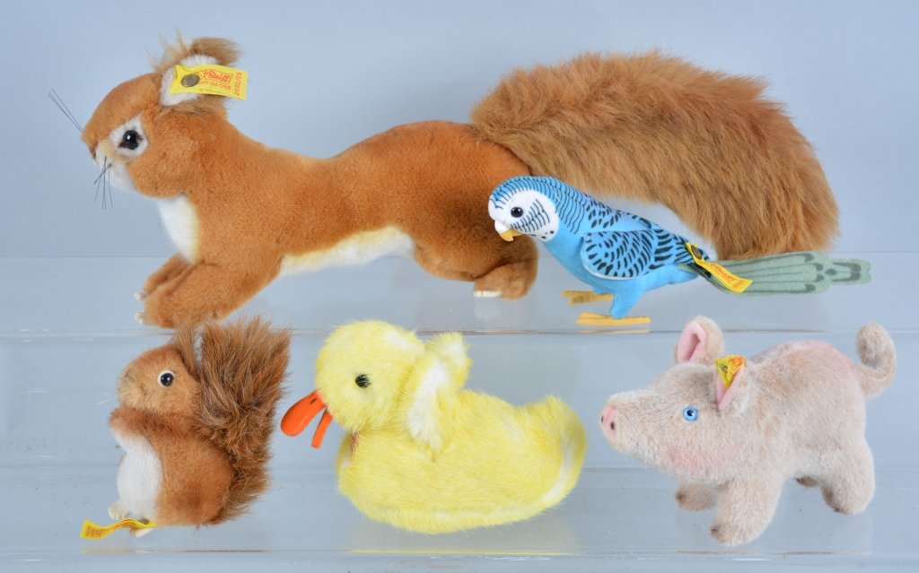 Lot of 6 STEIFF ANIMALS: Lot includes 14" Squirrel, 6" Pig, 6" Duck, 6" Parakeet, and 4" Squirrel. With buttona dn some tags. Excellent
