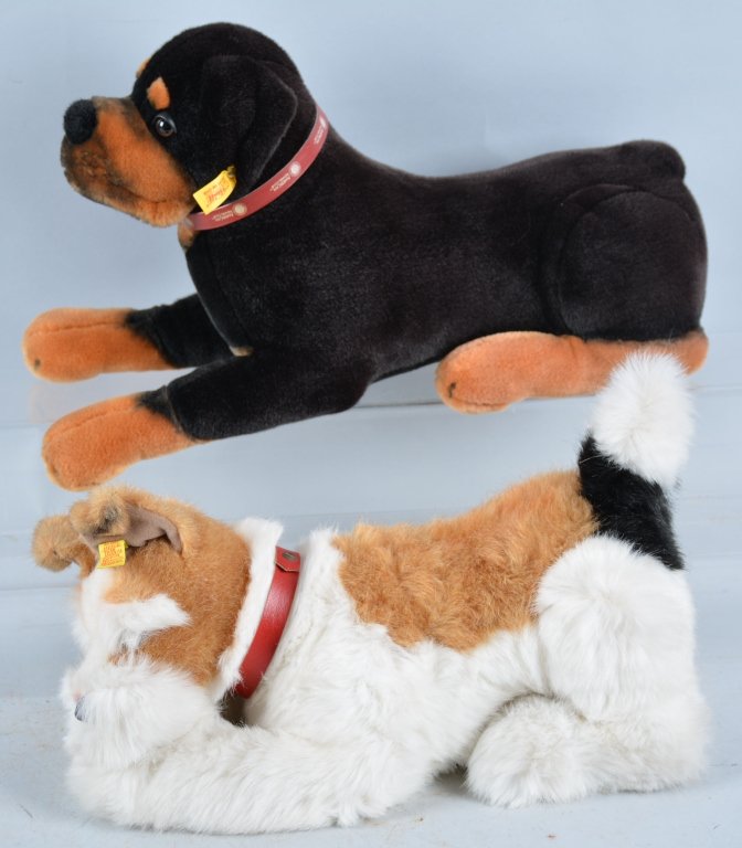 Lot of 2 Large STEIFF DOGS: Includes 18" Rottweiler and 15" Terrier. With buttons and tags. Excellent