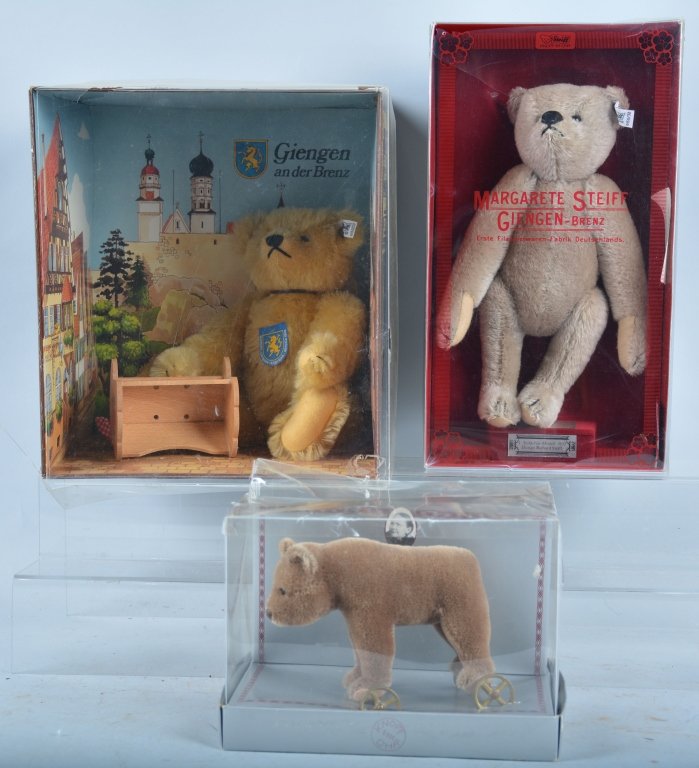 Lot of 3 SPECIAL EDITION STEIFF BEARS: Includes Margarete Steiff 1902 Teddy Bear, Teddy Bear and Cradel Set, and Bear on Wheels. All boxed. Excellent