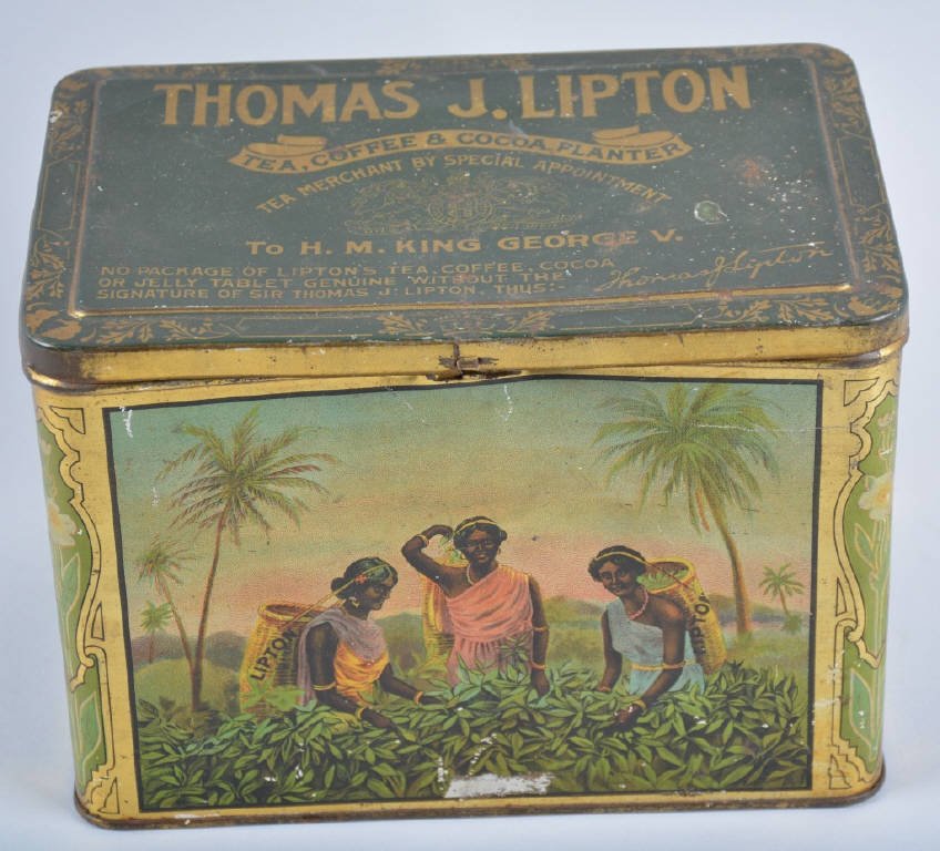 Vintage Lipton Tea Advertising Tin: Early tin with exceptional graphics, 81/2" by 6", Minor rubs, - Excellent