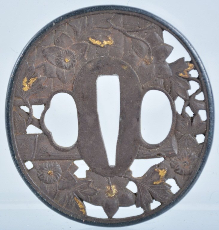 Antique Japanese Tsuba: Iron Tsuba with nice relief detail and some gold overlay, 2 7/8" diameter, 1/8" thick,-Excellent
