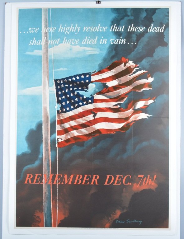1942 WWII REMEMBER DEC. 7TH POSTER: Excellent poster with powerful image of the American Flag. Great colors. Mounted on linen. 42"x30" Excellent