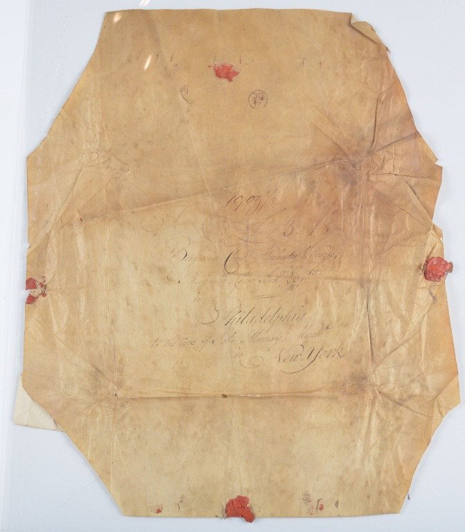 2-1795 Benjamin Chew Documents with Seals: From the Chew family estate, these are document bindings (envelopes) for Benjamin Chew and Alexander Wilcox. The larger one is sheep skin and the smaller is parchment. Mr. Chew was born in 1722 and pa
