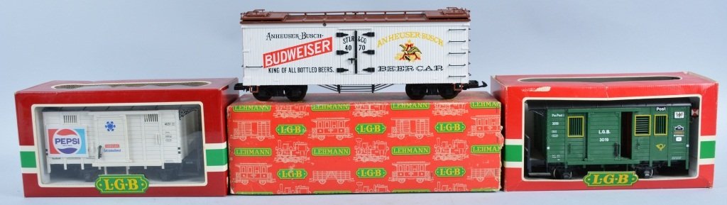 Lot of 3 LGB Box Cars w/Boxes: Includes #4070 Budweiser, #4031 Pepsi, and #3019 Post Car. All boxed. Near Mint