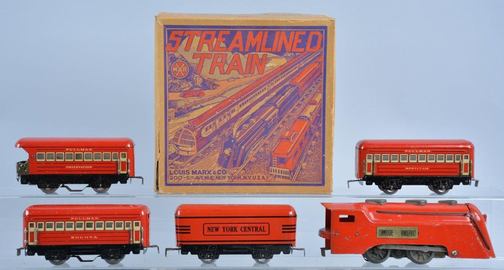 Marx Early Streamlined Train Set w/Box: Scarce red set includes Commodore Vanderbilt Engine and Tender plus 3 Pullman Passenger Cars. With early box. Very Good-Excellent