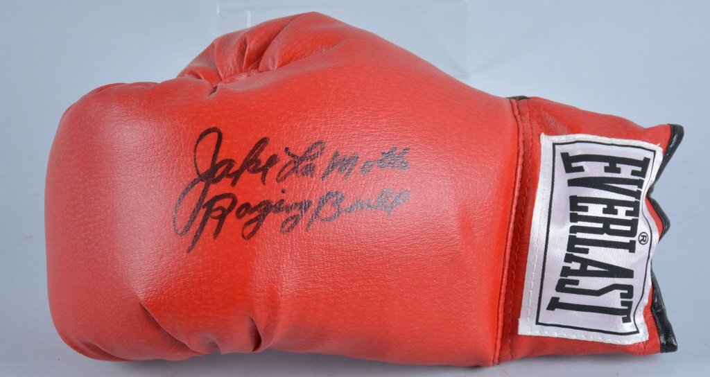 JAKE LaMOTTA AUTOGRAPHED BOXING GLOVE: Everlast boxing glove autographed Jake LaMotta Ragging Bull. Excellent