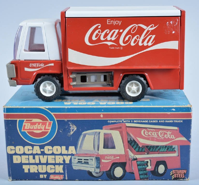 Buddy L COCA COLA DELIVERY TRUCK w/Box: Nice pressed Steel Buddy L with Coca Cola graphics. Still has original hand cart. New old stock in box. 9" Near Mint