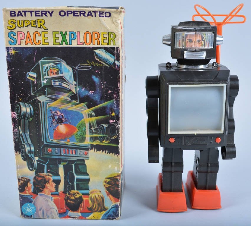 HK Battery Op SUPER SPACE EXPLORER ROBOT w/Box: Great looking vintage Space Toy. Robot measures 11" Tall. With colorful box. Excellent