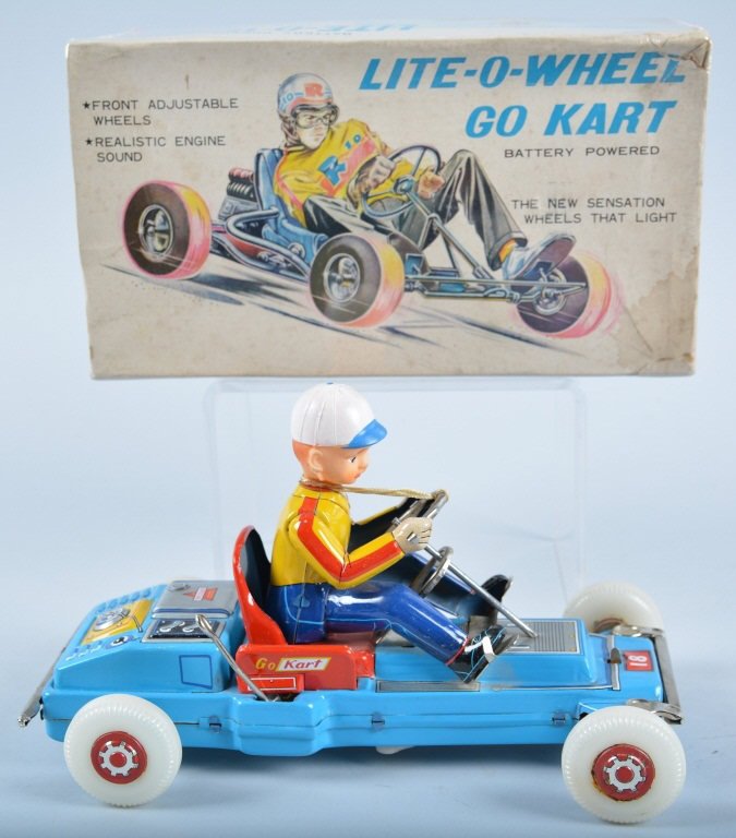 TN Battery Op LITE-O-WHEEL GO KART w/Box: Great looking Battery Op toy. Made by TN in Japan. 10" Long. With Box. Excellent