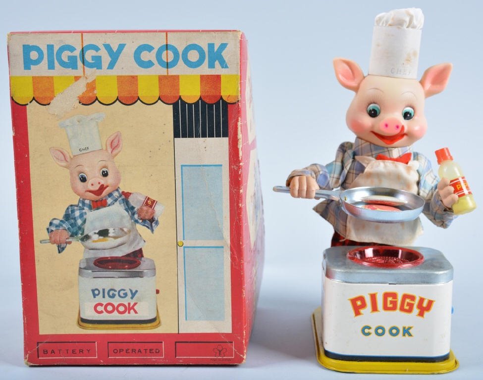 Y JAPAN Battery Op PIGGY COOK w/Box: Excellent Battery Op toy with great details. Complete unused condition. With Box. Near Mint