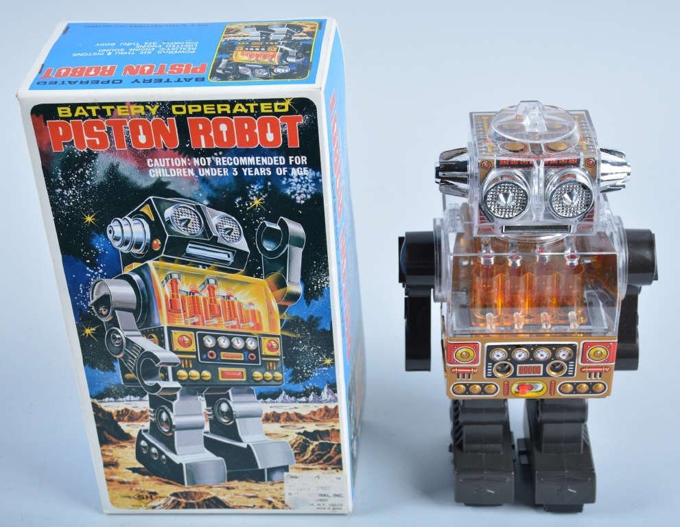 SH Japan Battery Op PISTON ROBOT w/Box: Excellent looking Robot with great action. Unplayed with in original box with inserts. Near Mint