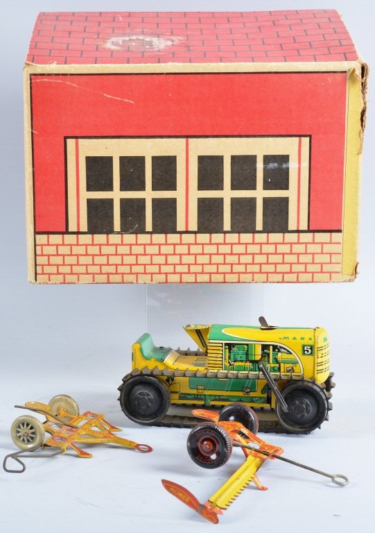 MARX Tin Windup TRACTOR FARM SET w/Box: Unusual Marx Set with Barn style box. Set come with windup tractor on treads, mover, and corn planter. With box. Very Good
