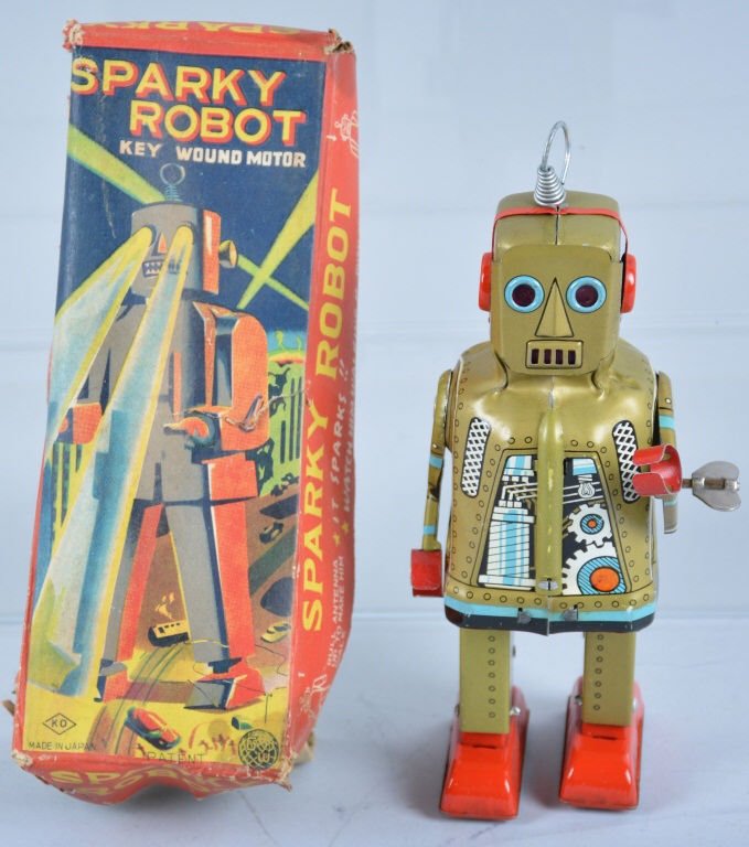 KO Tin Windup SPARKY ROBOT Rare Litho Version w/Bo: Excellent vintage Robot made by KO in Japan. This is the ultra rare Gold Litho version! The robot is all original and complete. Great colors and graphics. With original Box. Excellent