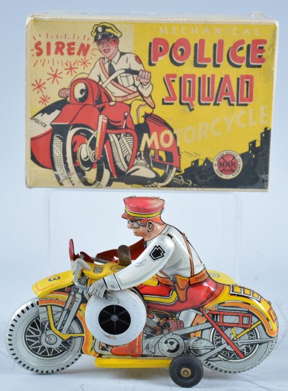 MARX Tin Windup POLICE SQUAD MOTORCYCLE w/Box: Outstanding Marx Motorcycle with Sidecar. Great colors and graphics. With Box. Works. Excellent