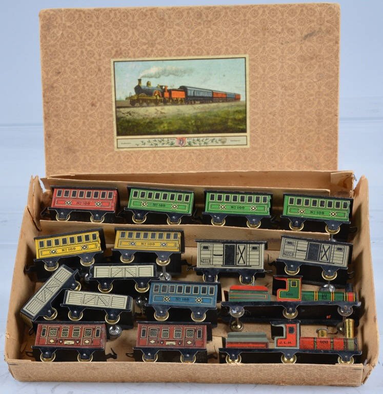 German PENNY TOY Double TRAIN SET w/Box: Nice early double Penny Toy Train Set. Very nicely detailed train sets with Engine, Tender, and 7 Cars each. With rare Box. Excellent